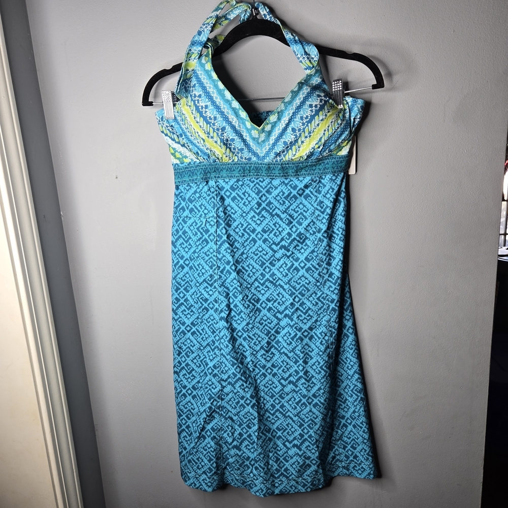 Athleta Blue Green Halter Dress Size 6 Smocked Back Sleeveless Geometric Print